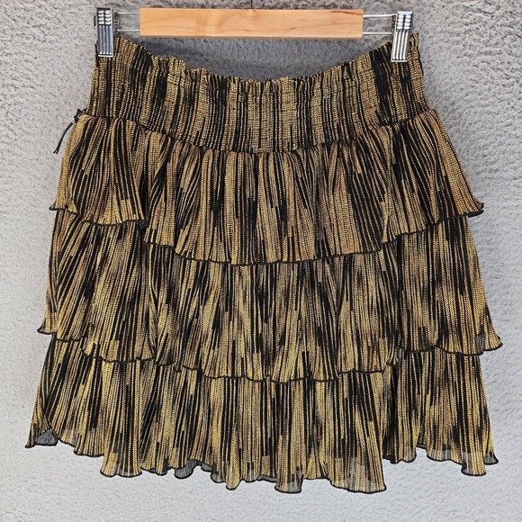 Wildfox Womens Tiered Mini Skirt Sz L Black With Gold Thread Highlights Elastic - Picture 5 of 10